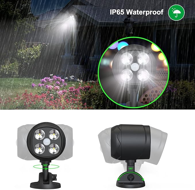 Motion Sensor Outdoor Lights Battery Operated Outdoor Light 600LM Motion Detector Lights for Outside 6000K LED Security Light Battery Powered Spotlight for House Wall Black(2 Pack)