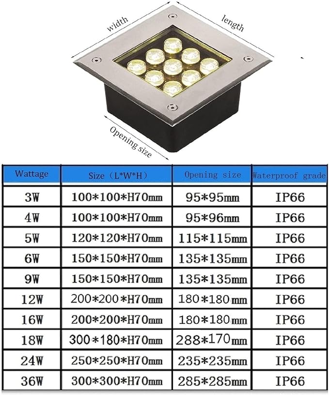Underground Light LED - Square Outdoor Buried Light Source IP67 Waterproof Outdoor Floodlighting Device Outdoors Ground Embedded Spotlight Garden Floor LandsOne Color 36W