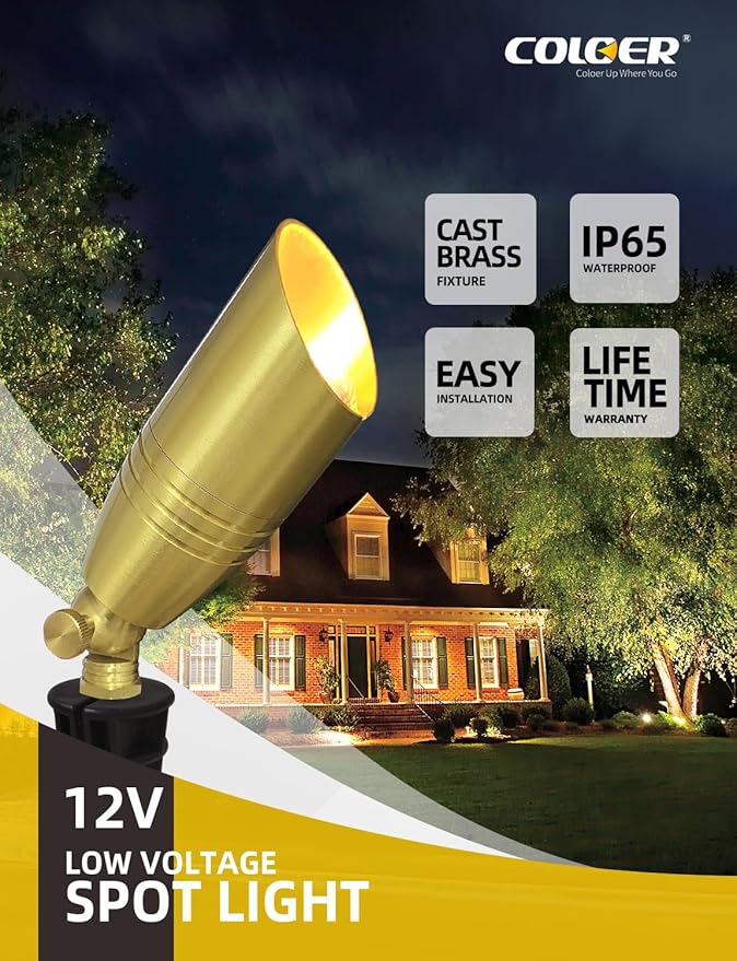 COLOER Die-cast Brass Landscape Spotlight 10-Pack with 5W Aluminum Housing LED MR16 Bulb12V AC/DC Low Voltage Copper Outdoor Lighting Directional Garden Patio Spot Up Light (102B Copper Finish)