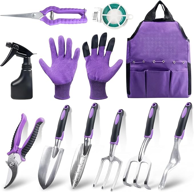 Covacure Gardening Tool Set - 11 Piece Aluminum Alloy Steel Hand Tool Starter Kit with Garden Bag Outdoor Tool Heavy Duty Gardening Work Set Gardening Gifts for Women and Men