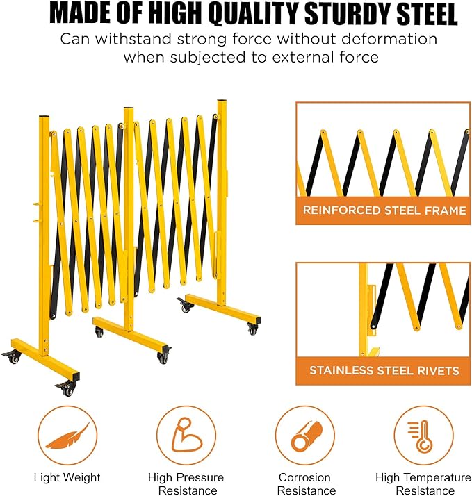 TECSPACE Industrial Expandable Metal Barricade Expansion Size 16.4 FT Yellow and BlackDurable Steel Safety Barricade with casters Flexible Mobile Barrier Gate Adjustable Traffic Fence