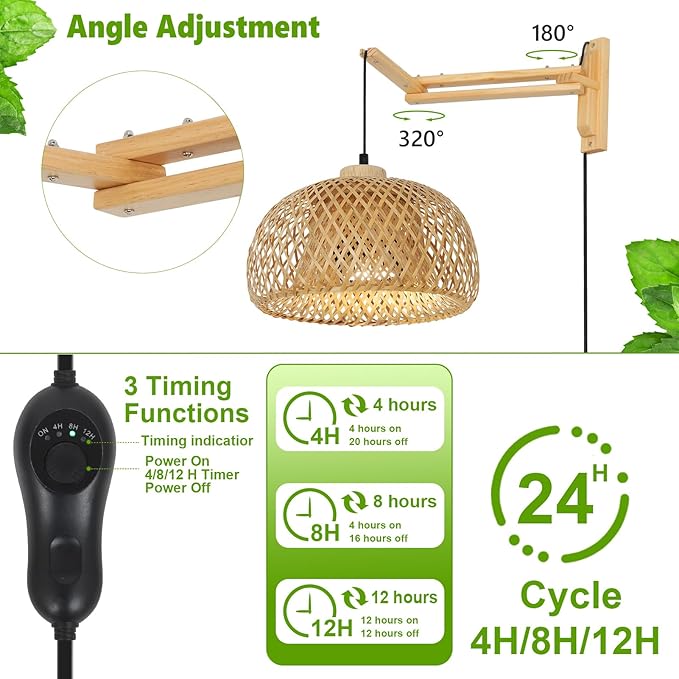 HMVPL Hanging Grow Lights for Indoor Plants Full Spectrum Boho Plant Lights for Indoor Growing with 20W COB Grow Light Bulb Bamboo Wall Mounted Grow Light with Swing Arm Timer for Large Small Plant