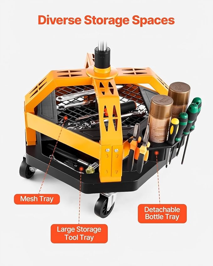 Rolling Shop Stool Heavy-Duty Garage Work Seat 300 Lbs Capacity Adjustable Height Dual Trays 360° Casters