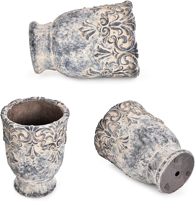 Sungmor 6.3 Inch Cement Plant Pot for Plants Succulent Planter with Embossed Design Vintage Concrete Flowerpots with Drainage Hole Decorative Orchid Houseplant Pot Indoor Outdoor Plant Container