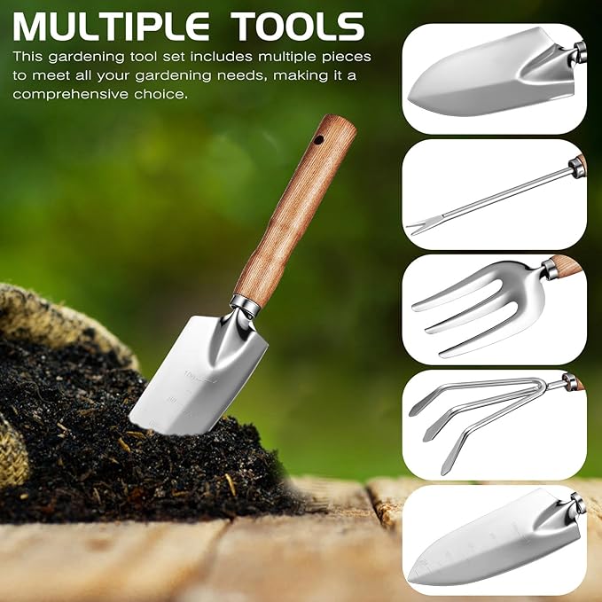 DOITOOL Garden Tools Kit 5pcs Set with Ash Wood Handles and 430 Stainless Steel Blades for Gardening Sturdy Garden Trowel Set Suitable for Men and Women Outdoor Yard Work