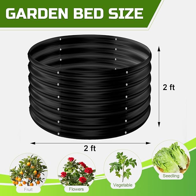 AHEONLAR 3PCS 2x2x2FT Galvanized Raised Garden Bed Kit Round Metal Flower Box Large Planter Raised Beds Outdoor Garden for PlantingFruitHerb Black