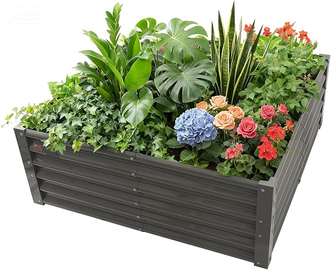 A ANLEOLIFE 4X4X1.5 ft Galvanized Raised Garden Beds Outdoor Square Metal Planter Box for Planting Vegetables Flowers Herb Anti-Rust &amp Easy-Setup Quartz Grey