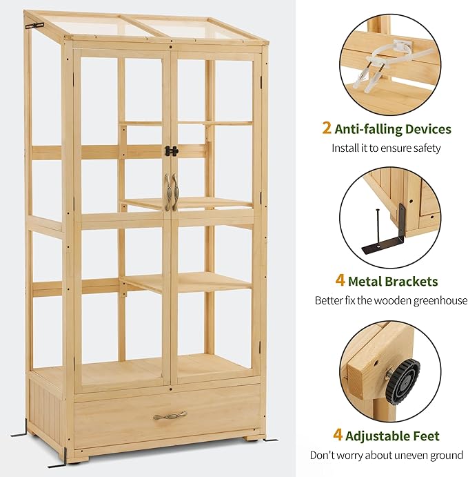 Macrout Cold Frame Greenhouse Tall Wooden Greenhouse for Outdoor Indoor Use with Polycarbonate Panels 3 Tier Garden Cold Frame with Drawer and Shelves 0864 (Natural)