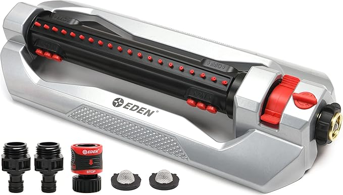 Eden 96216 Heavy Duty Turbo Oscillating Sprinkler Covers Up to 4900 sq. ft. 20 Precision Nozzles Aluminum Base Flow and Width Control Adjustable Range Quick Connects Filters