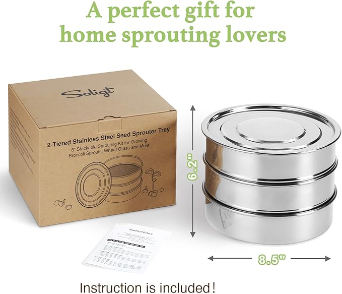 SOLIGT Stackable Stainless Steel Seed Sprouting Kit 2-Tier Mesh Sprouting Trays 1 Base and 1 Cover Lid