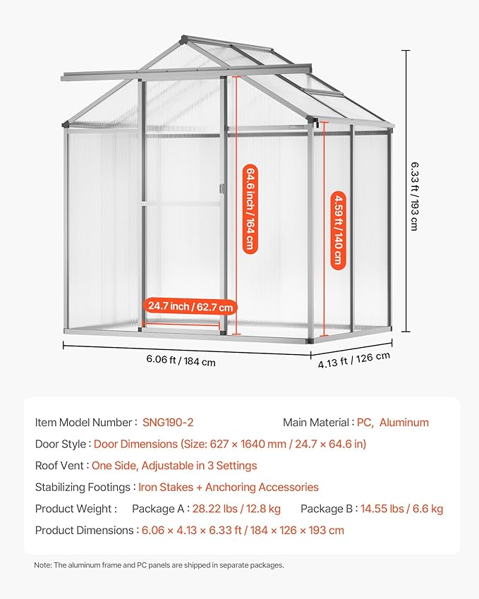 VEVOR Polycarbonate Greenhouse 6 x 4 Ft Outdoor Greenhouse with Adjustable Vent Windows Pavilion Styled Green House with Sliding Door Aluminum Large Walk-in Greenhouses Kit for Garden Backyard