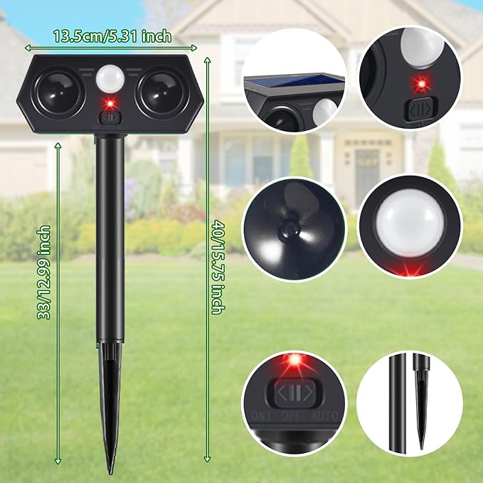 Solar Ultrasonic Animal Repellent Outdoor Deer Cat &amp Rabbit Deterrent with PIR Sensor Squirrel Raccoon Skunk &amp Dog Repeller for Yard Armadillos Scare Devices for Lawn (4 Pack)