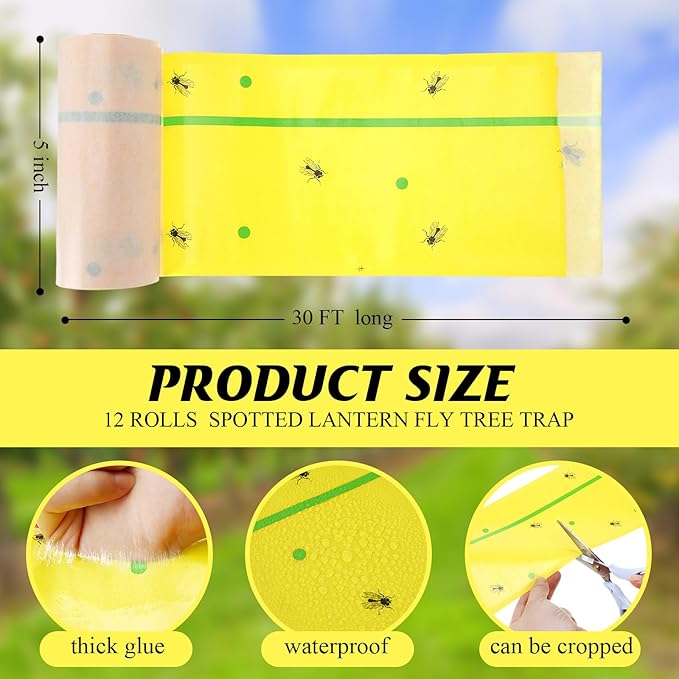 12 Rolls (30 Feet Each) Spotted Lantern Fly Tree Trap Outdoor Fruit Fly Sticky Strips Paper Ant Insect Sticky Barrier Tree Trunk Wraps to Protect Trees Plants Lawn Garden(Yellow and Green)