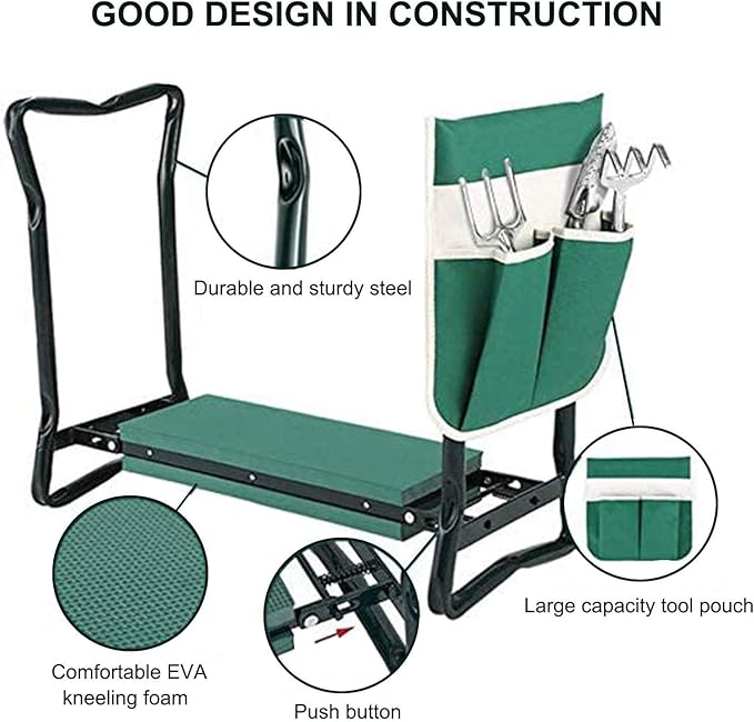 Foldable Garden Kneeler and Seat 2 in 1 Folding Stool with Large Tool Pouches Portable Foam Kneeling Pad Padded Seat Space Saving