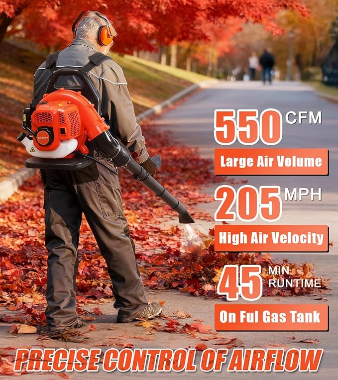 hatleues 52CC Backpack Leaf Blower2.3HP 2-Stroke Engine550CFM &amp 205MPHGas Powered Grass Lawn Blower with Cruise Control Low Vibration &amp Air-Cooled Engine - for Lawn Care Snow &amp Debris