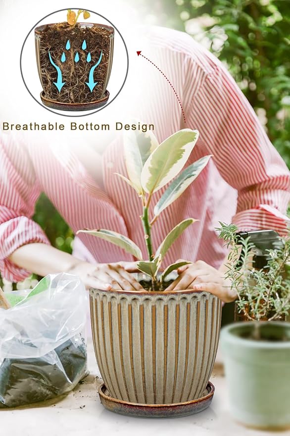 Oairse Ceramic Pots for Indoor Plants 7.8 inch Pots for Plants Brown Planters with Drainage Holes and Saucers Texture Ceramic Planters Indoor Outdoor for Succulent