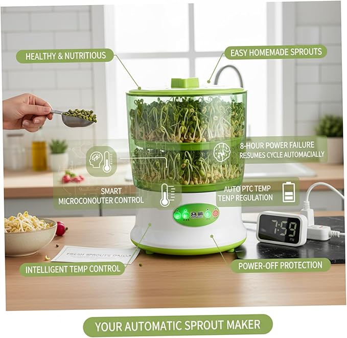 Bean Sprouts Grow Kit 2-Tier Large Capacity Seed Sprouting Kit with 360° Spray 3 Modes for Indoor Gardening Green Sprout Growing