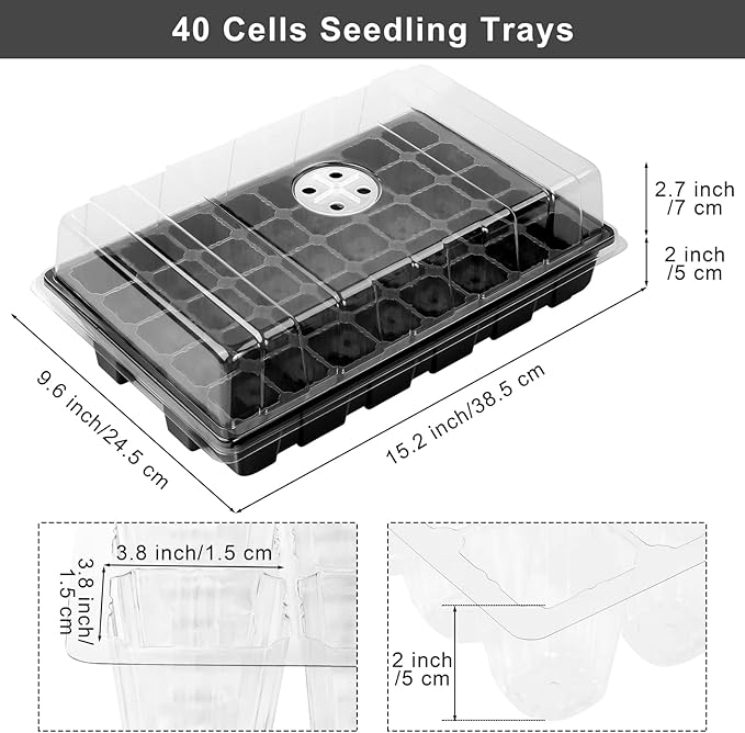 Elcoho 6 Pack Seed Starter Tray Kit 40 Cells Seedling Trays with Humidity Dome and Base Mini Propagator Plant Nursery Pots Total 240 Cells for Greenhouse Plants Growing Black