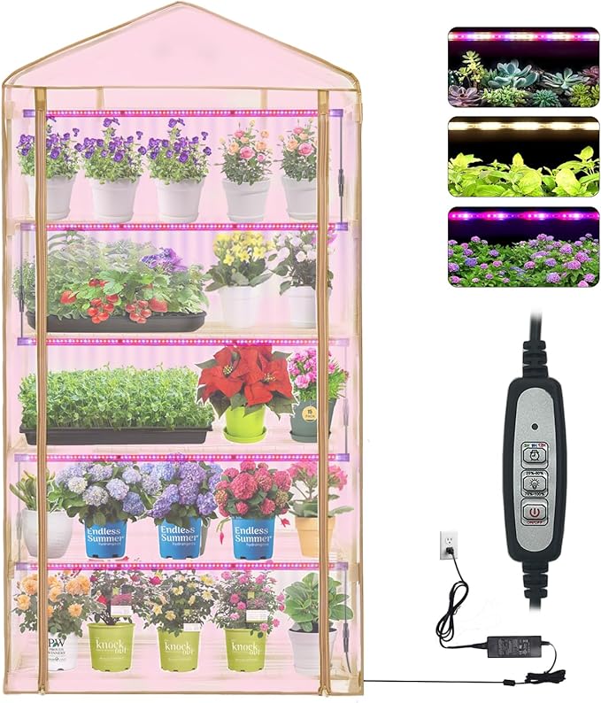 5 Tier Greenhouse with Grow Light Portable Greenhouse with Zippered PVC Cover for Seed Starting Trays  75'' H x 40'' W x 19'' D Plant Light for Indoor Plant with Timer(PLGH1005OWPT)