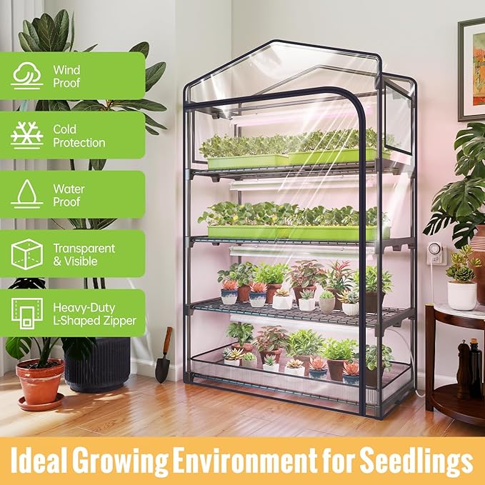 Indoor Greenhouse with Grow Light 4-Tier Plant Shelf with T5 1.6FT 32W Full Spectrum LED Grow Light for Seed Starting Succulent Settable Timer Socket 39 L x 19 W x 64 H