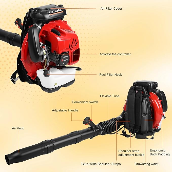 Gas Powered Backpack Leaf Blower 75.6cc 2-Stroke 850 CFM Airflow &amp 200 MPH Wind Speed Yard Blower for Leaves Snow &amp Outdoor Cleanup