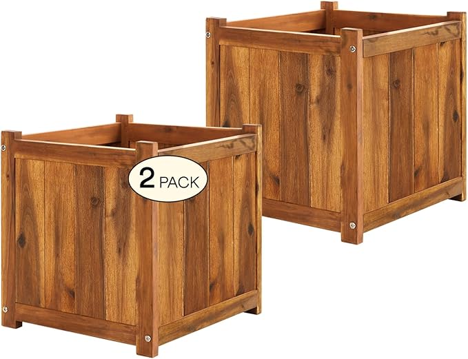 Idzo Set of 2 Acacia Wood Flower Planters for Outdoor Plants Ergonomic Handles Drainage Holes Various Sizes Ideal for Home Décor Light Cherry