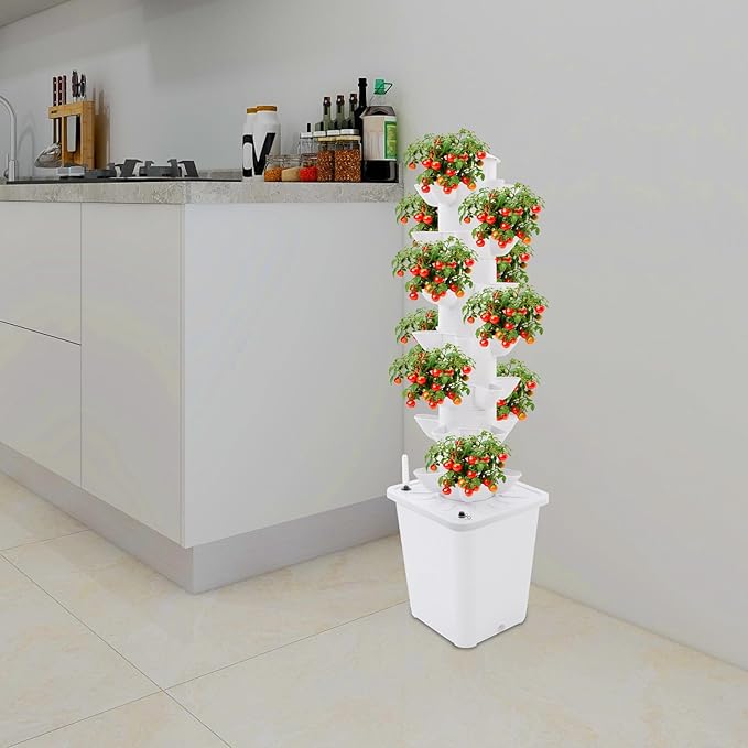 7-Tier Hydroponic Growing Tower 35 Plant Sites Vertical Garden System with Brushless Water Pump 2.64gal Water Tank Indoor Soilless Planting Kit for Herbs Fruits Vegetables (White)
