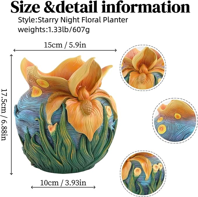Starry Night Floral Planter Unique and Interesting Abstract Art Flower pots Vibrant Colors Perfect for Home/Garden Artistic Decoration (Flowers)