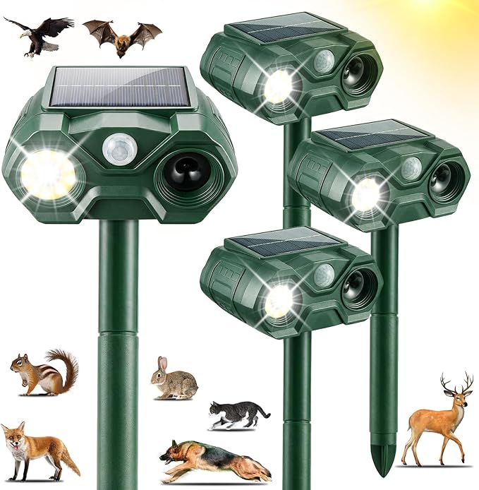 4 Pcs Solar Animal Repellert Outdoor Supplement USB Rechargeable Cat Repeller Outdoor Squirrel Rabbit Fox Adjustable Frequency Deer Repellent Devices with Light and Motion Detection