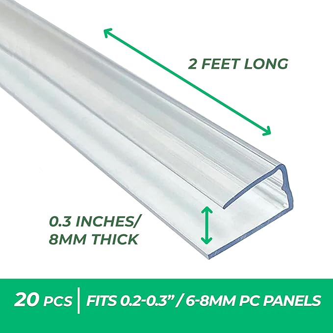 Polycarbonate Greenhouse Panels U Connector Profile - 20 Pieces 2ft Length Prevent Dust Rain &amp Moisture from Getting into Twin-Wall Greenhouse Panels Fit 8mm or 6mm Panels (U Connectors 8mm-2f
