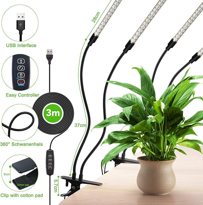 Plant Lights for Indoor Growing Full Spectrum 4 Heads Clip Grow Lamps with 10 Feet Cables for Seeding Blooming and Fruiting(2 Pack)