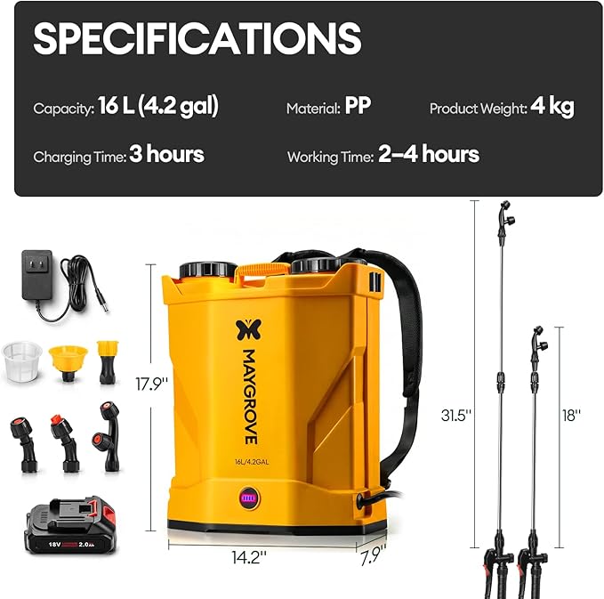 4.2 Gal Electric Backpack Sprayer 2-4h of Continuous Spray Equipped with Adjustable Wand &amp 5 Nozzles Auto Spraying for Garden Lawn Care Fertilizing &amp Weed Control (Battery Included)