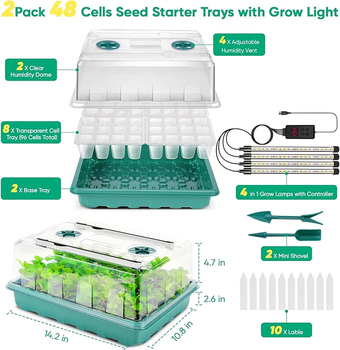 96 Cell Seed Starter Tray with Grow Light Seed Starting Trays with Adjustable Humidity Dome Seed Starter Kit Plant Starter Kit for Seeds Growing Starting Indoor Gardening (No Self-watering)