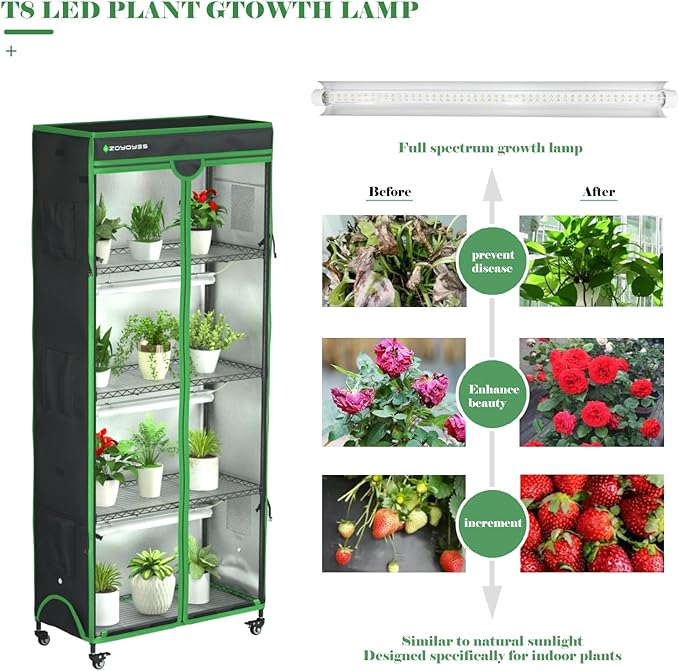 Indoor Greenhouse with Grow Light 35.8 W x 17.8 D x 71.8 H 5-Tier Plant Shelf with 3-Color T8 Growth Lights Plant Stand with Smart Timing Plug and thermohygrometer