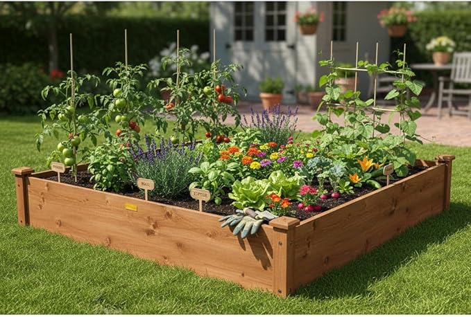 Hollyone 48 X 48 inches Wood Raised Garden Bed Frame Planters Wooden Elevated Planting Planter Box for Outdoor Herb Vegetables Flowers Grass Lawn Yard Patio - Brown 4×4ft