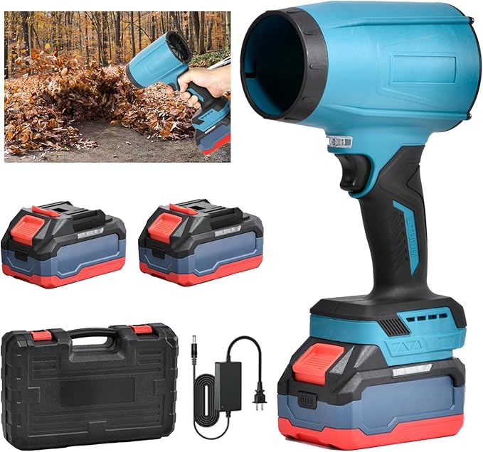 Cordless Leaf Blower Portable Dust Cleaner 21V Handheld Turbo Jet Blower 300000 RPM Compressed Air Duster for Patio Cleaning Lawn Care Drying Camping Blowing Leaves &amp Snow w/ 2 Batteries Blue