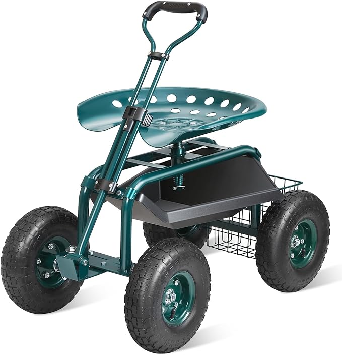VEVOR Garden Cart Rolling Workseat with Wheels Gardening Stool for Planting 360 Degree Swivel Seat Wagon Scooter with Steering Handle &amp Utility Tool Tray Use for Patio Yard and Outdoors Gre