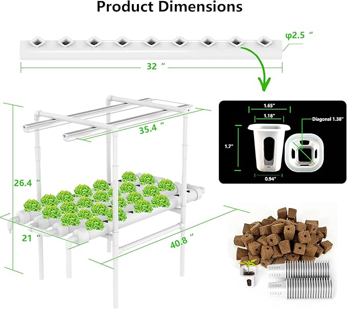 NFT Hydroponic Growing System Kit - Full-Spectrum Grow Lights ＆ Timer | 36 Plant Sites | Food-Grade PVC-U Pipes | Auto Water Pump &amp Timer | Indoor Gardening for Leafy Greens Lettuce &amp Herbs