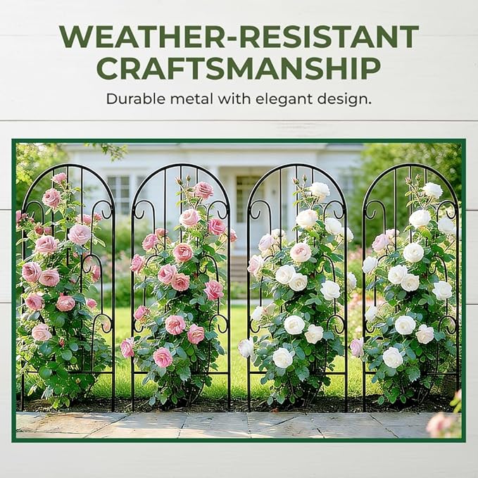 4 Pack Arched Metal Garden Trellis for Climbing Plants 45 H x 15.9 W – Rustproof Iron Trellis with Decorative Scrollwork Metal Trellised Wire Lattices Grid Panels for Roses Clematis Vines