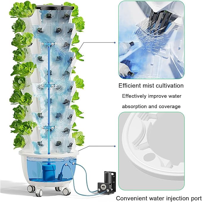 Vertical Hydroponic Grow Tower Aeroponic Tower for Herbs Fruits and Vegetables with Movable Water Tank Hydrating Pump Timer Adapter(Large)