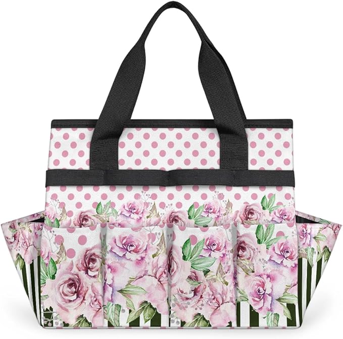 Garden Tool BagFloral Rose Flower Polka Dot Stripe Gardening Organizer Bag With Pockets Garden Tool Kit Storage Tote for Women Men Garden Tool Set Holder