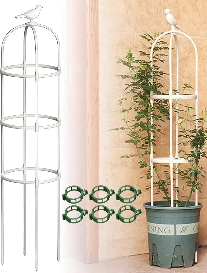 Garden Trellis for Climbing Plants Metal Obelisk Flowers Stand Tomato Cage Plant Support Metal Pipe for Vines Flower Climbing Rose Clematis Vegetable Tomato Trellis(White36x125cm)