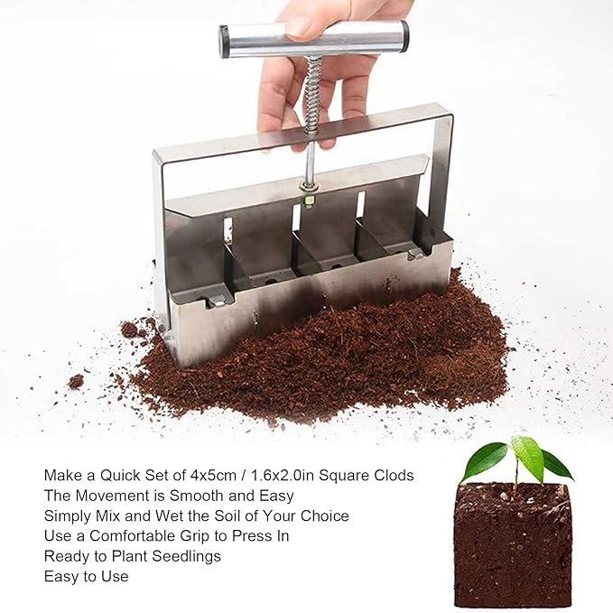 Manual Quad Soil Blocker 4 Cell Soil Block Maker with Comfortable Handle 2 Inch Seed Block Makers Hand Held Soil Block for Seedlings Cuttings Greenhouses Outdoor Plants
