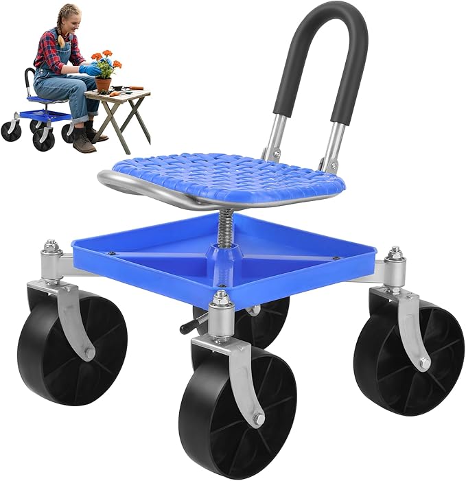 Garden Cart Rolling Stool with Four Wheels and Tool Bag 360° Rotation Stable Workseat Sturdy Cart Adjustable Seat Height &amp Direction for Outdoor Lawn Yard Patio Blue (Blue)