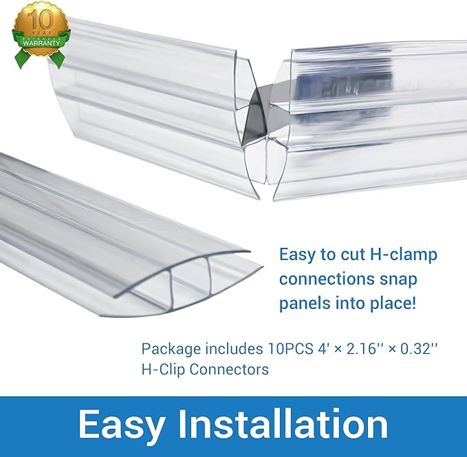 10 PCS Polycarbonate Greenhouse H-Clip Connectors 4ft Length Fits 0.24’’ &amp 0.32’’ Twin-Wall Polycarbonate Panels Duty Dust Rain &amp Moisture Protection Durable (H-Clip 4' × 2.16’’ × 0.32’’)