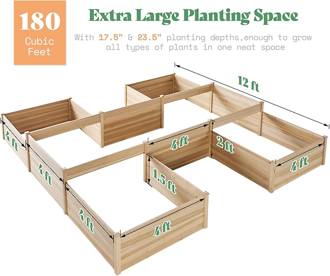 AMERLIFE 12x12x2 FT Wooden Raised Garden Bed H-Shaped Planter Box with Double-Layer Design 180 Cu. Ft Capacity for Outdoor Patio &amp Backyard