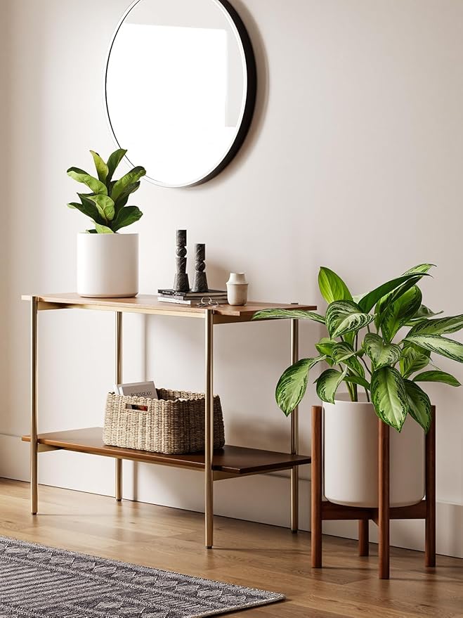 LE TAUCI Indoor Planter with Stand 10 + 8 Inch Set of 2 Ceramic Pot for Indoor Plants with Acacia Wood Holder Mid-Century Modern Home Decor Round Flower Pots with Drainage Hole White