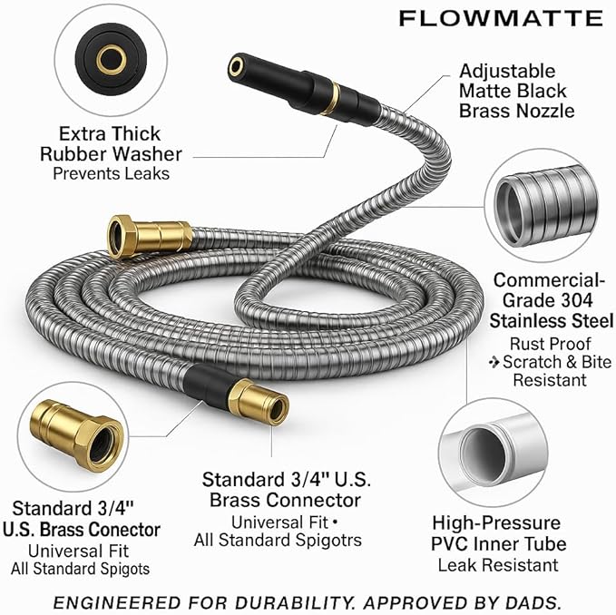 100ft Silver Stainless Steel Garden Hose – Heavy-Duty Metal Hose with Brass Fittings &amp Nozzle Kink-Free Leak-Proof Weather-Resistant