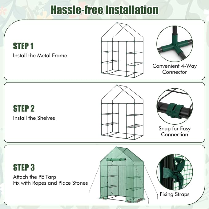 Walk-in Greenhouse Portable Plant Garden House with 4 Tier 8 Shelves &amp Zippered Roll Up Door Mini Growing House for Indoor Outdoor Garden Patio Backyard