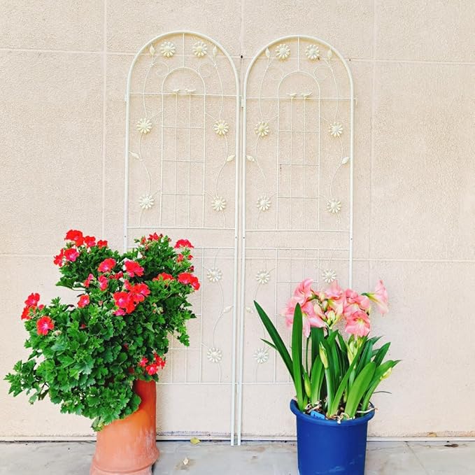 Sturdy Metal Garden Trellis for Climbing Plants – Rust-Resistant Outdoor Flower Support with Decorative Lattice Design (2 Pack-Cream White)